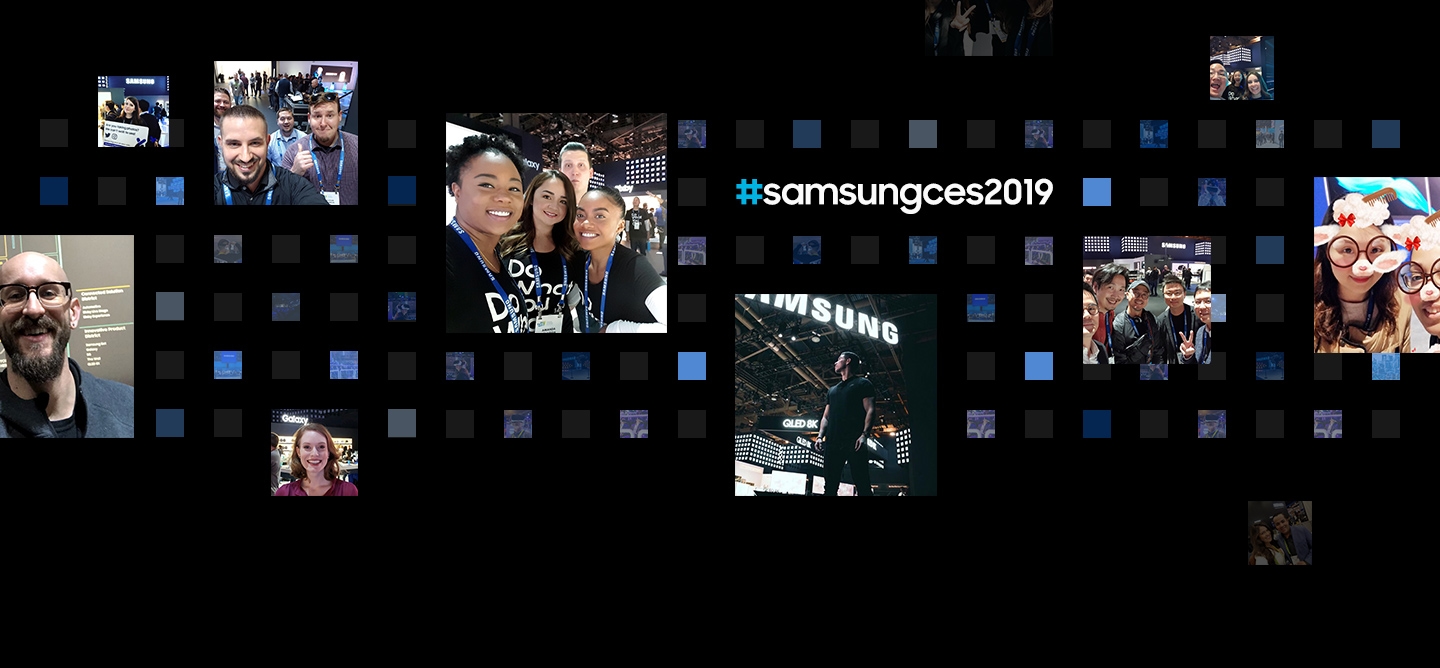 11 social media post photographs are displayed in front of a digital cube background from the 'Samsung City' theme at CES 2019. 