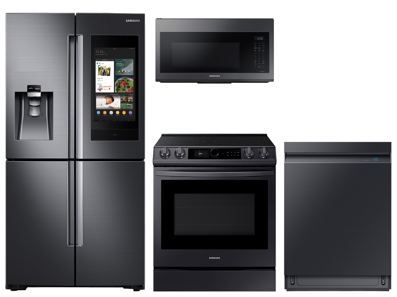 22 cu. ft. Family HubTM counter-depth 4-door refrigerator, 6.3 cu. ft. electric range, microwave and Smart Linear dishwasher package