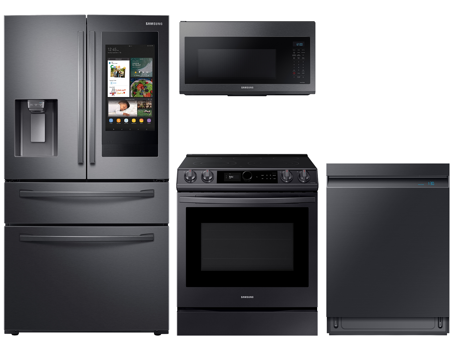 28 cu. ft. Family HubTM 4-door refrigerator, 6.3 cu. ft. electic range, microwave and Smart Linear dishwasher package