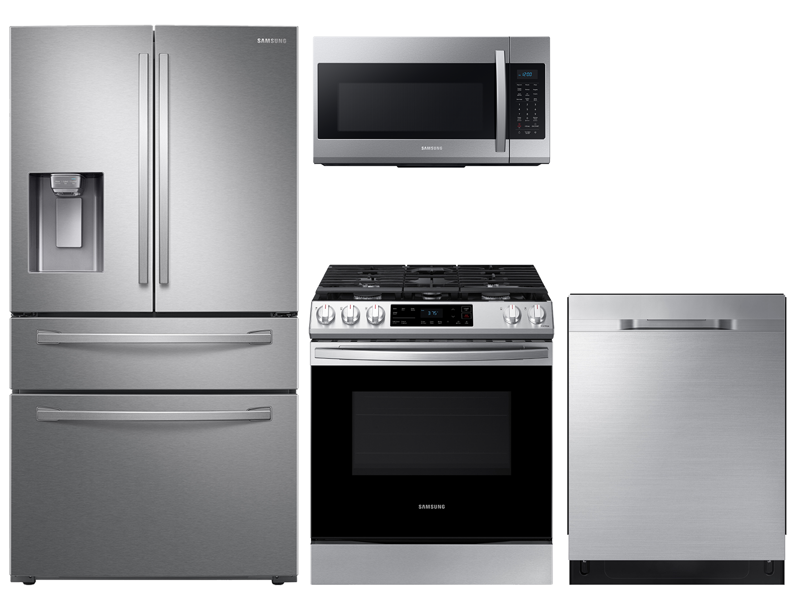 Samsung 23 cu. ft. counter depth 4-door refrigerator, 6.0 cu. ft. gas range, microwave and 48 dBA dishwasher package(BNDL-1613161935568)