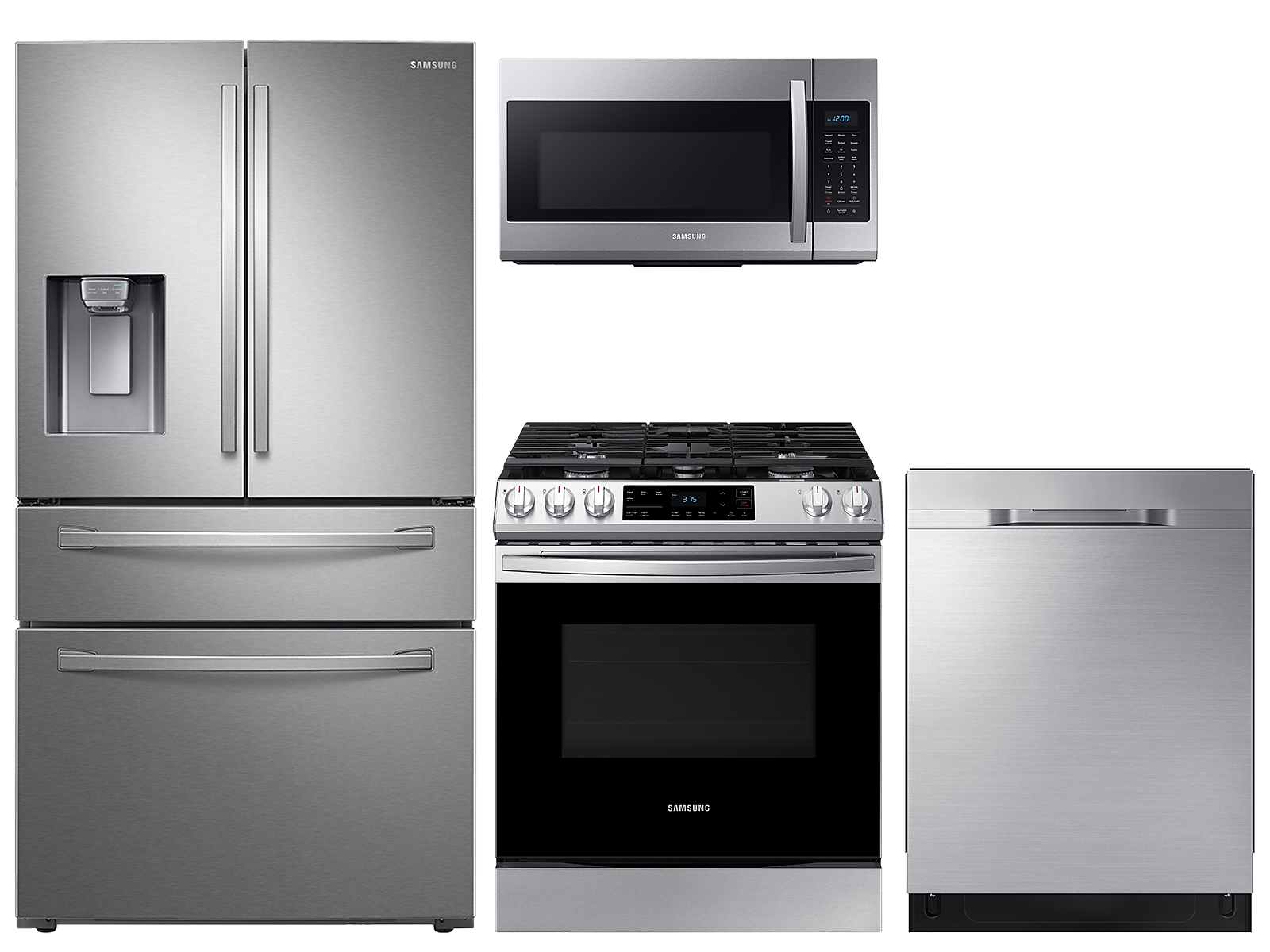 Samsung 23 cu. ft. counter depth 4-door refrigerator, 6.0 cu. ft. gas range, microwave and 48 dBA dishwasher package(BNDL-1613161935568)