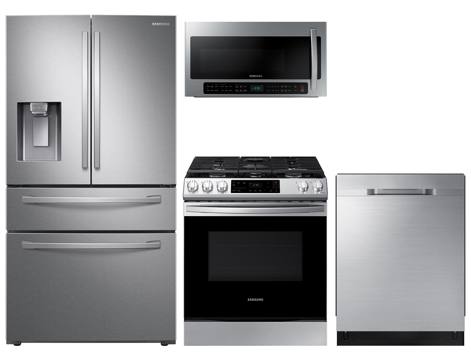 Samsung 23 cu. ft. counter depth 4-door refrigerator, 6.0 cu. ft. gas range, 2.1 cu. ft. microwave and 48 dBA dishwasher package(BNDL-1613162835144)