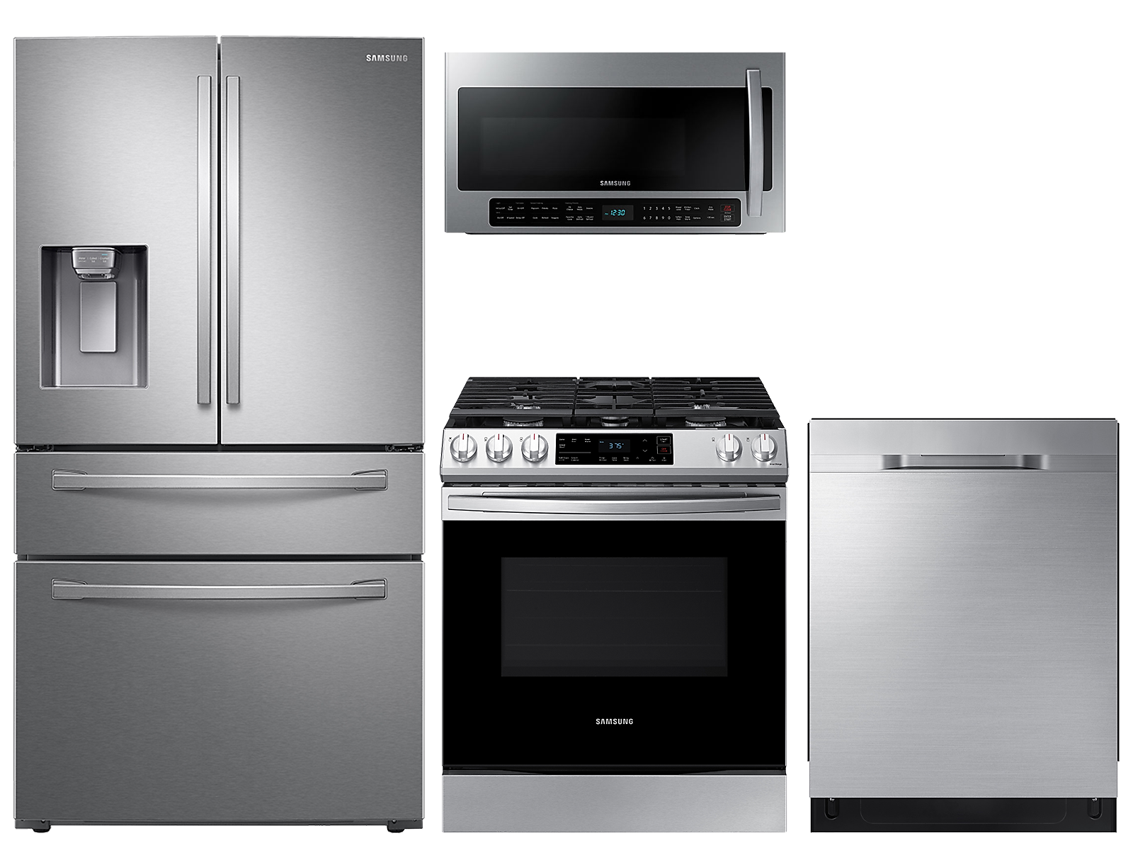 Samsung 23 cu. ft. counter depth 4-door refrigerator, 6.0 cu. ft. gas range, 2.1 cu. ft. microwave and 48 dBA dishwasher package(BNDL-1613162835144)