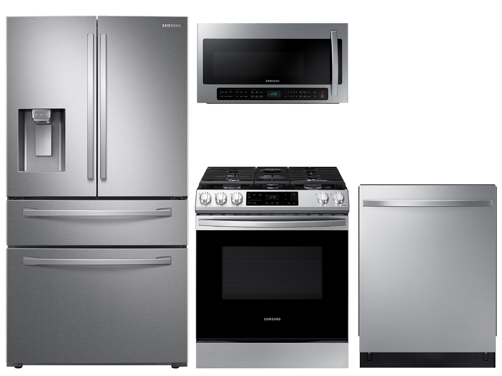 Samsung 23 cu. ft. counter depth 4-door refrigerator, 6.0 cu. ft. gas range, 2.1 cu. ft. microwave and 48 dBA modern-look dishwasher package