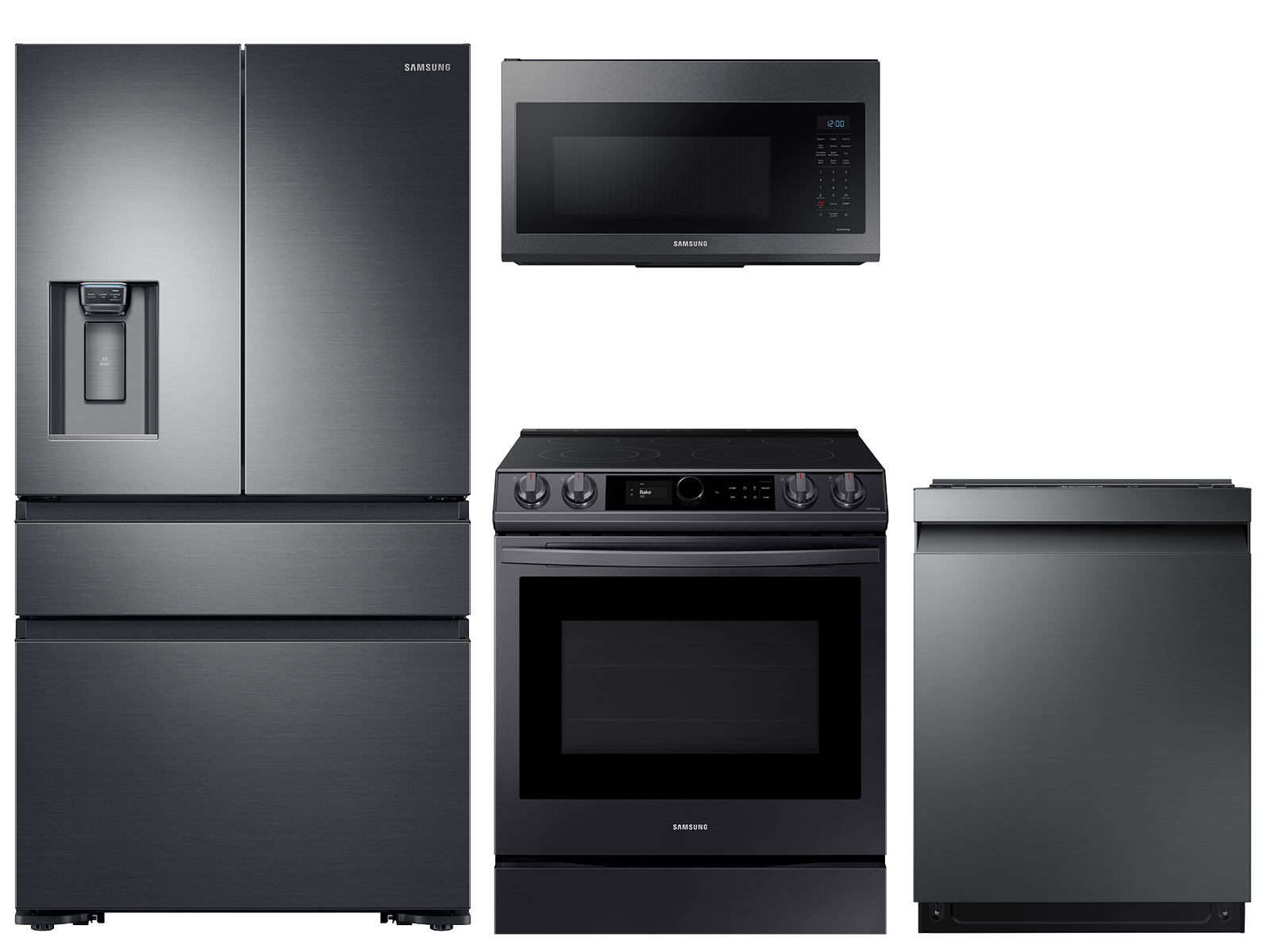 23 cu. ft. counter depth 4-door refrigerator, 6.3 cu. ft. electric range, microwave and 42 dBA dishwasher package