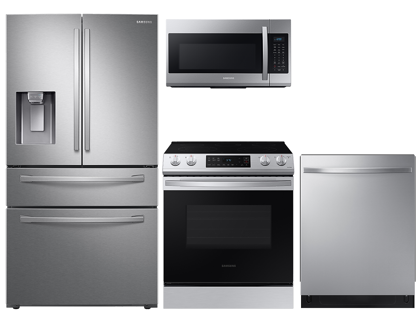 Samsung 28 cu. ft. 4-door refrigerator, 6.3 cu. ft. electric range, microwave and 48 dBA modern-look dishwasher package(BNDL-1613507112552)