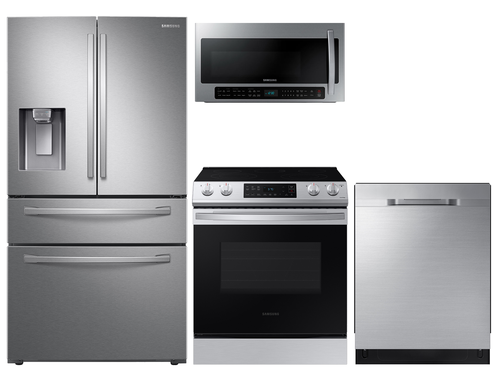 Samsung 28 cu. ft. 4-door refrigerator, 6.3 cu. ft. electric range, 2.1 cu. ft. microwave and 48 dBA dishwasher package(BNDL-1613507824747)