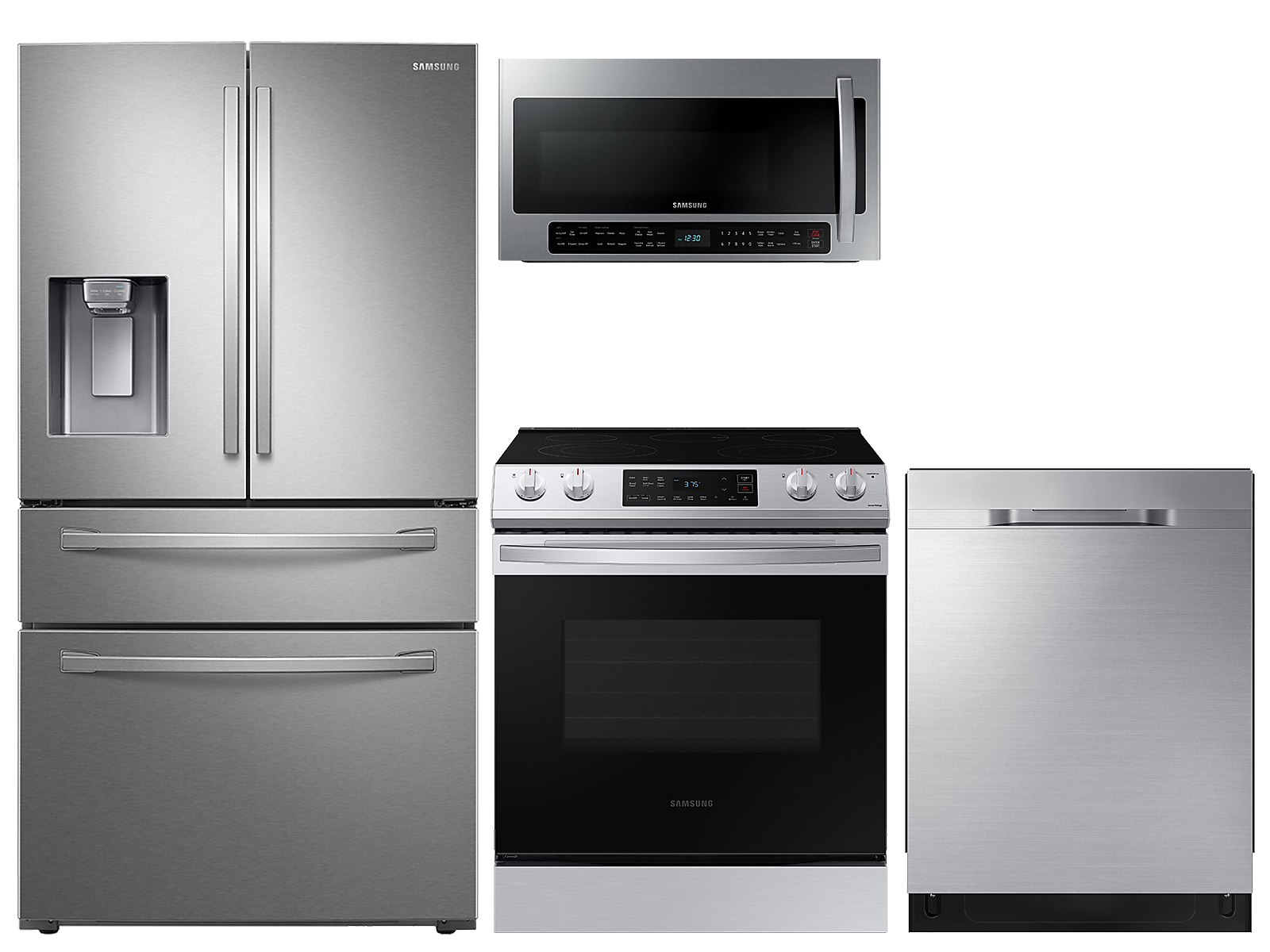 Samsung 28 cu. ft. 4-door refrigerator, 6.3 cu. ft. electric range, 2.1 cu. ft. microwave and 48 dBA dishwasher package(BNDL-1613507824747)
