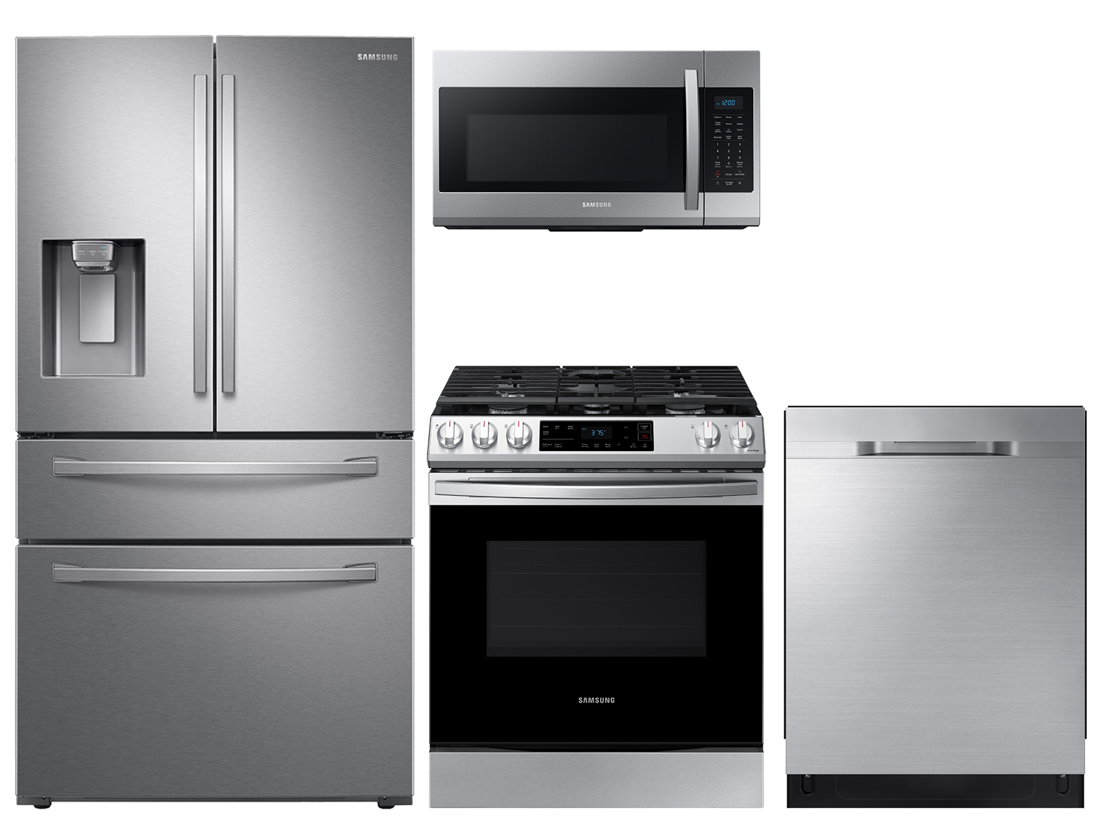 28 cu. ft. 4-door refrigerator, gas range, microwave and dishwasher package