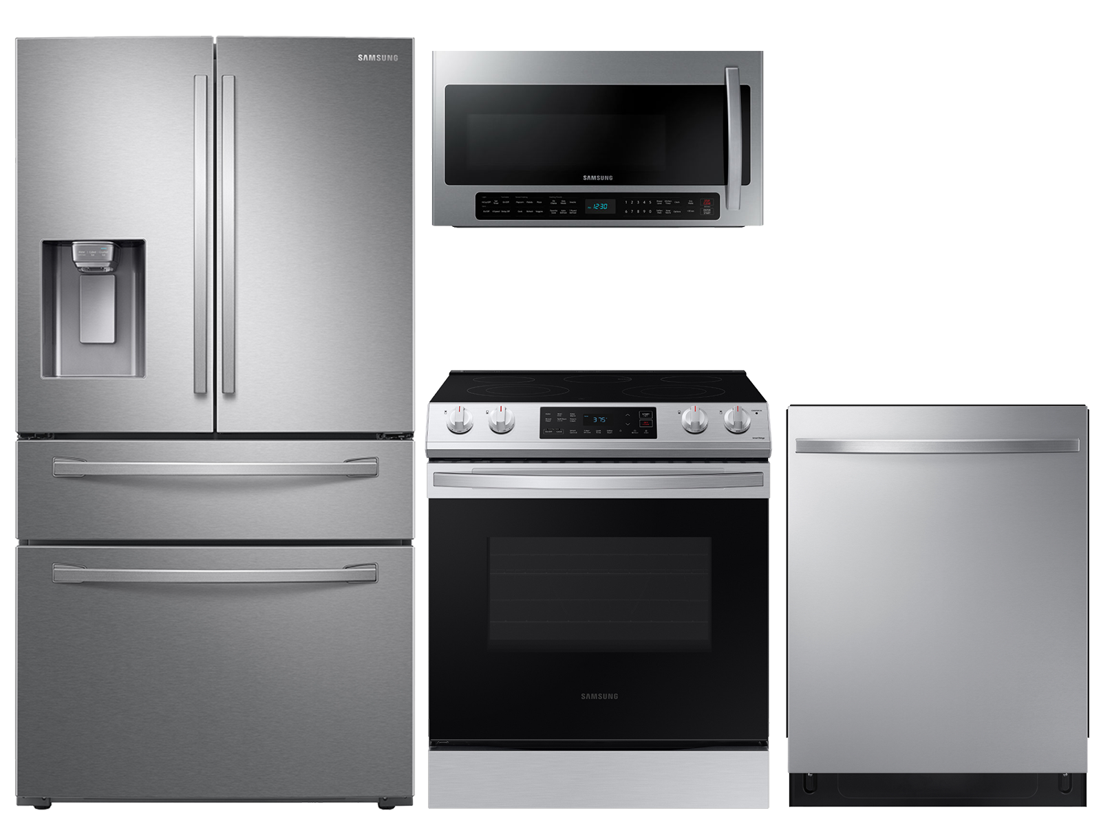 28 cu. ft. 4-door refrigerator, 6.3 cu. ft. electric range, 2.1 cu. ft. microwave and 48 dBA modern-look dishwasher package