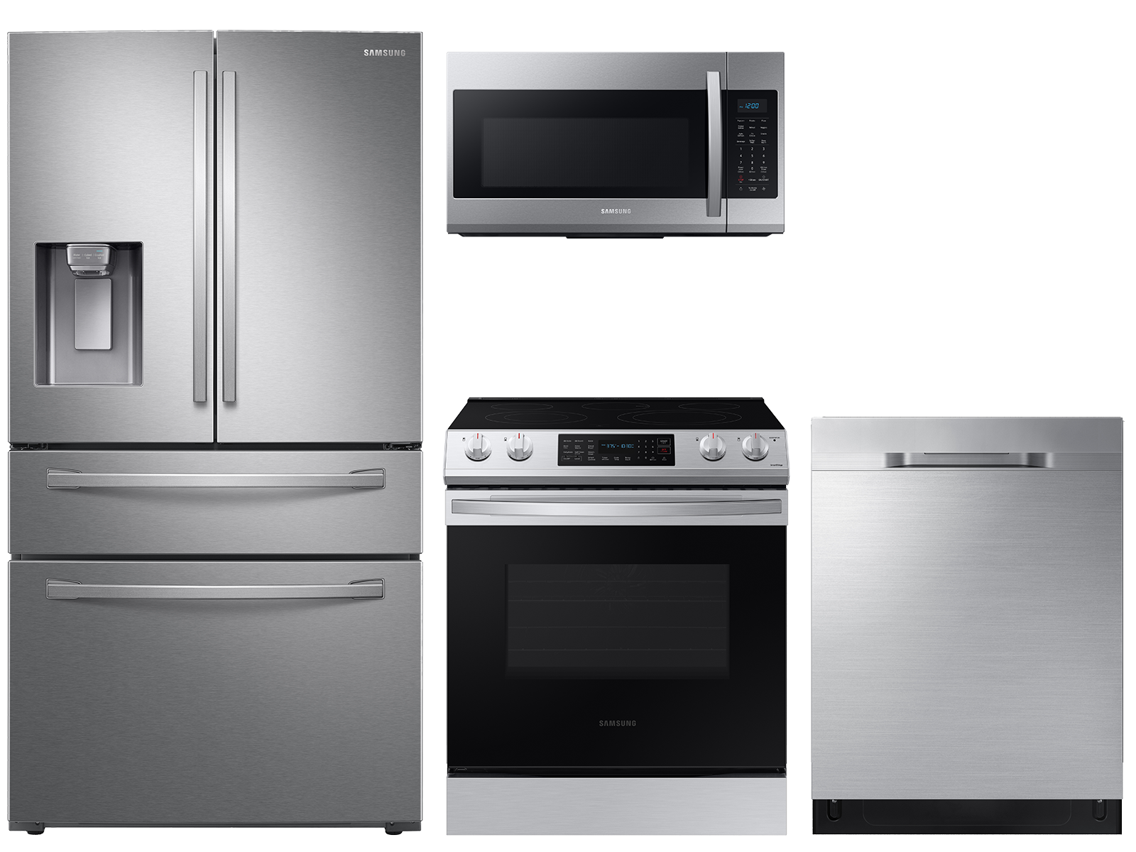Samsung 23 cu. ft. counter depth 4-door refrigerator, 6.3 cu. ft. electric range, microwave and 48 dBA dishwasher package(BNDL-1614004843395)
