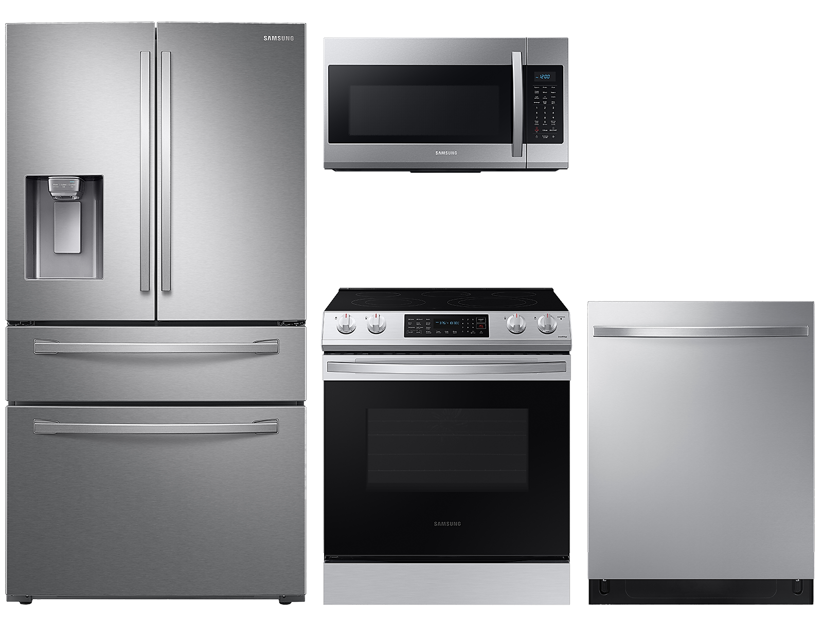 Samsung 23 cu. ft. counter depth 4-door refrigerator, 6.3 cu. ft. electric range, microwave and 48 dBA modern-look dishwasher package