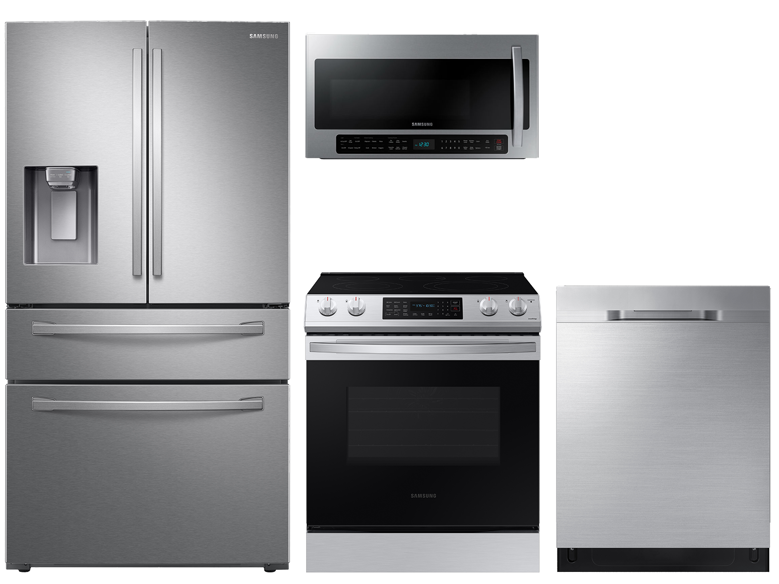 Samsung 23 cu. ft. counter depth 4-door refrigerator, 6.3 cu. ft. electric range, 2.1 cu. ft. microwave and 48 dBA dishwasher package