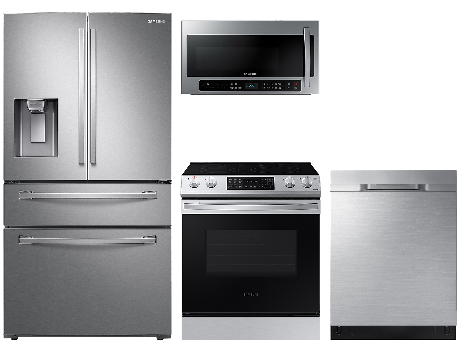 Samsung 23 cu. ft. counter depth 4-door refrigerator, 6.3 cu. ft. electric range, 2.1 cu. ft. microwave and 48 dBA dishwasher package photo