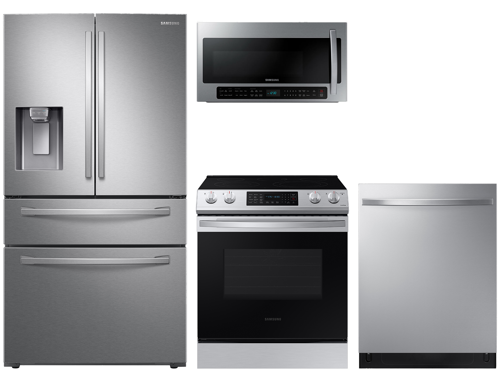 Samsung 23 cu. ft. counter depth 4-door refrigerator, 6.3 cu. ft. electric range, 2.1 cu. ft. microwave and 48 dBA modern-look dishwasher package