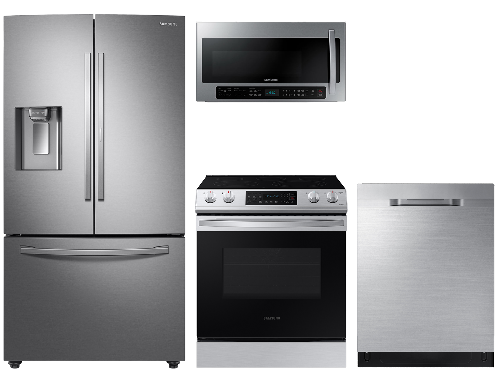 28 cu. ft. full depth 3-door refrigerator, 6.3 cu. ft. electric range, 2.1 cu. ft. microwave and 48 dBA  dishwasher package