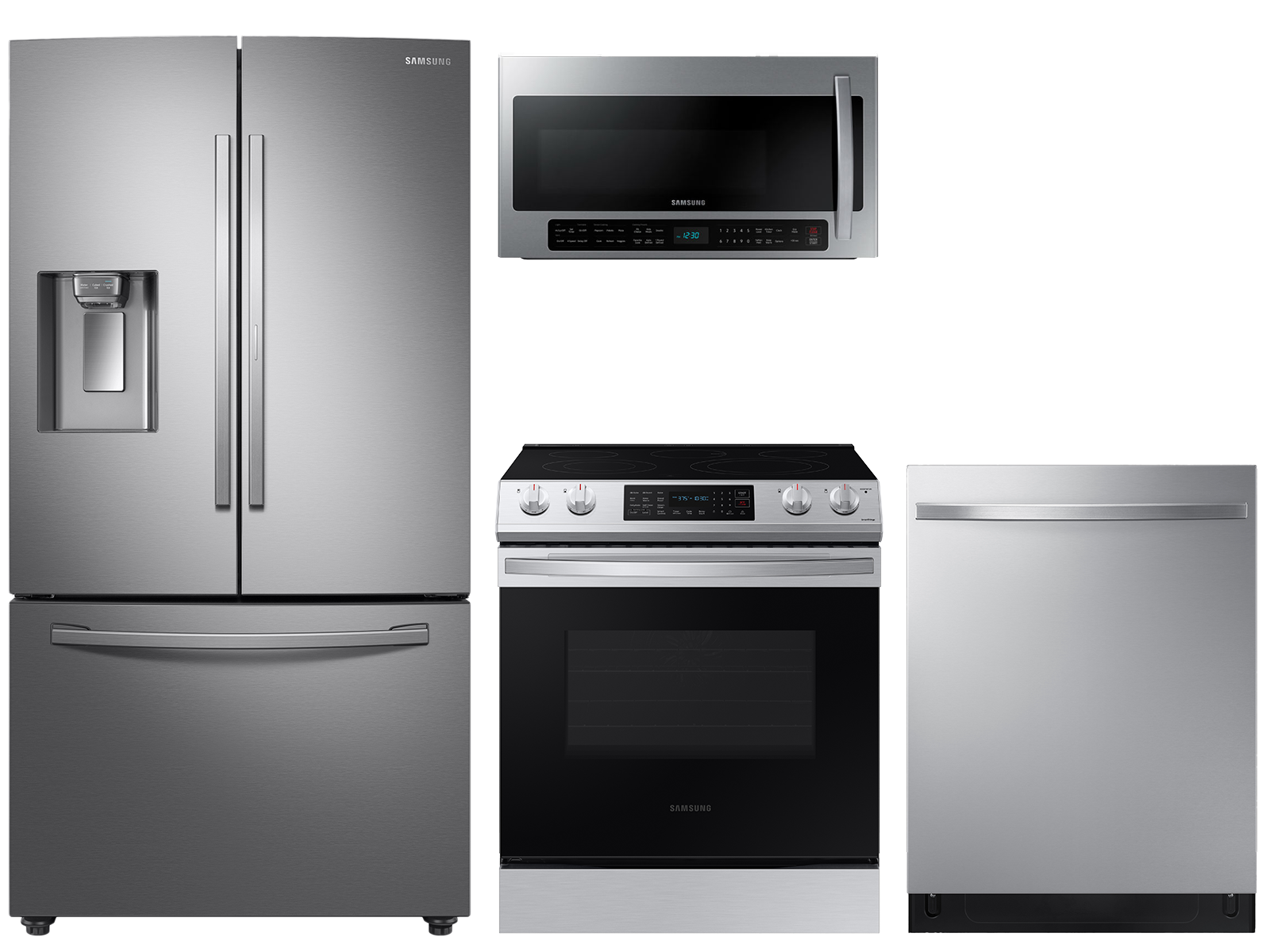 28 cu. ft. full depth 3-door refrigerator, 6.3 cu. ft. electric range, 2.1 cu. ft. microwave and 48 dBA modern-look dishwasher package
