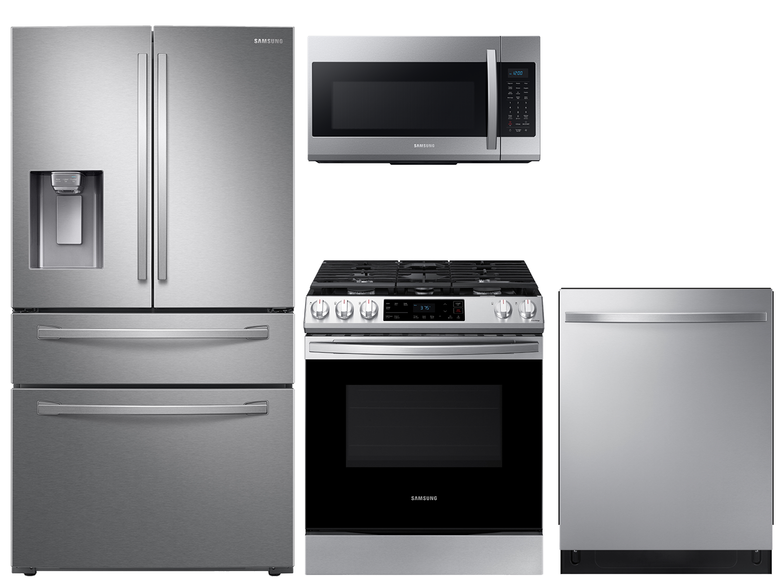 28 cu. ft. 4-door refrigerator, gas range, microwave and modern-look dishwasher package