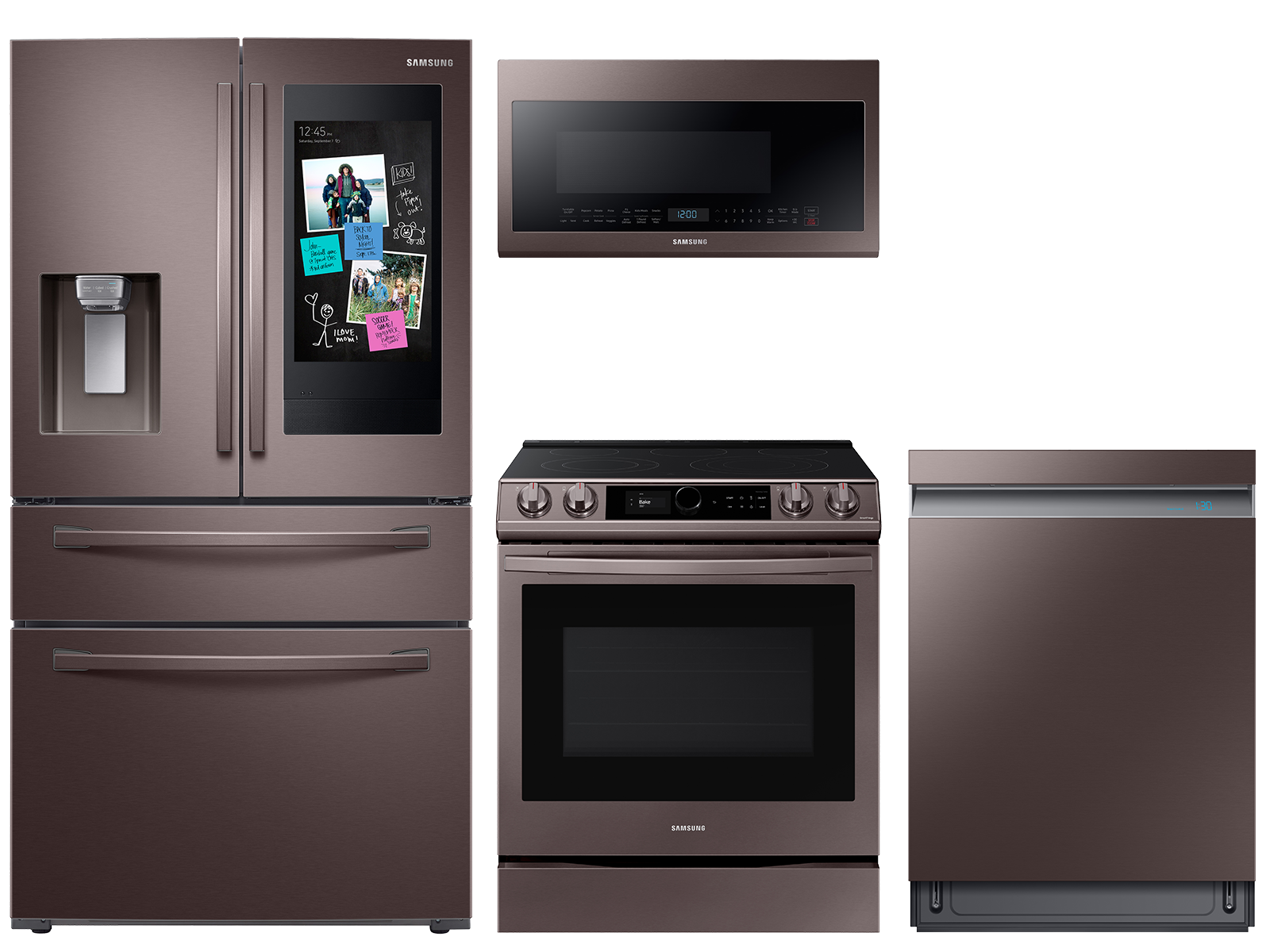 22 cu. ft. counter depth 4-door Family HubTM refrigerator, 6.3 cu. ft. electric range, 2.1 cu. ft. microwave and Smart Linear dishwasher package