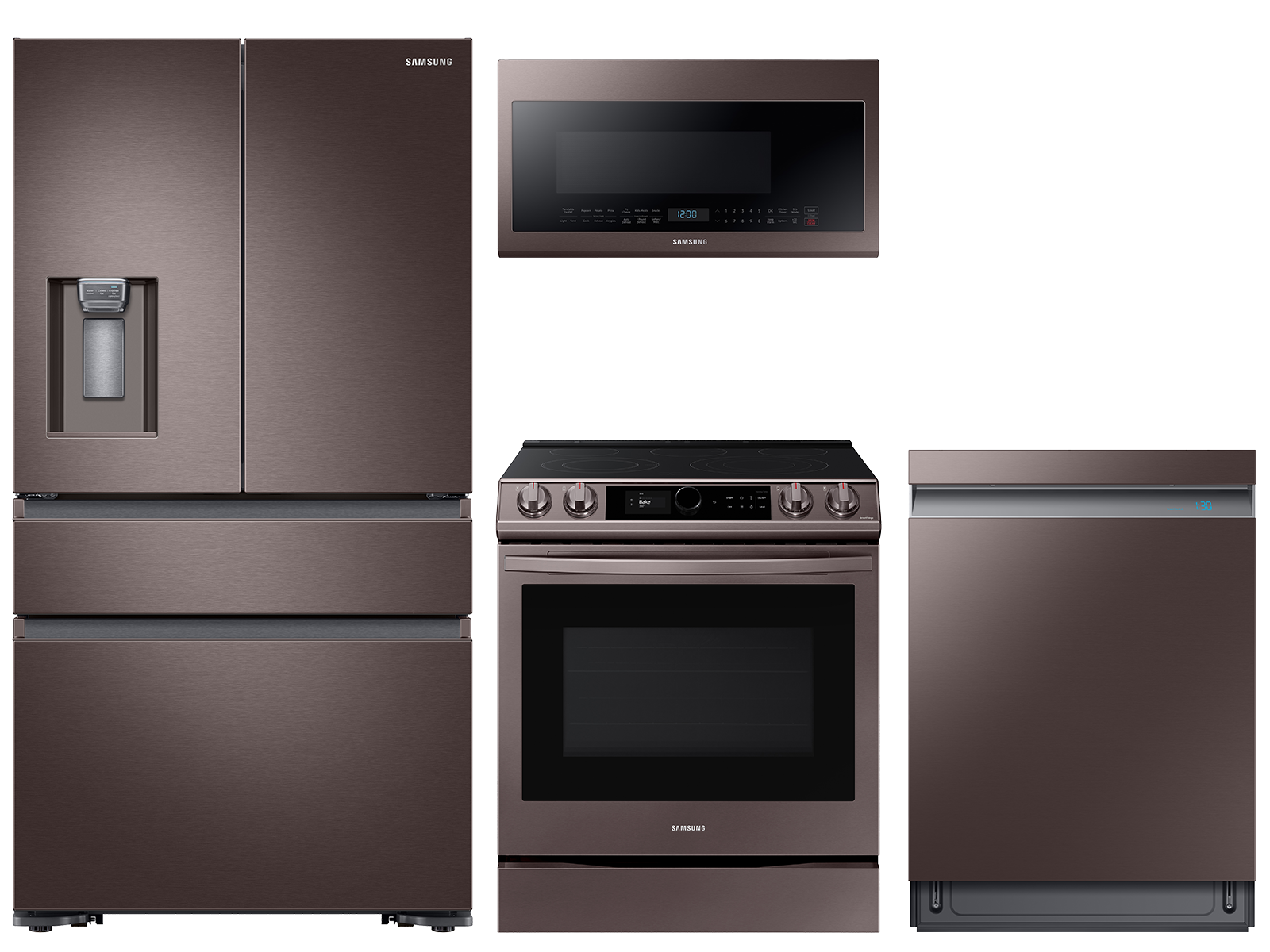 23 cu. ft. counter depth 4-door refrigerator, 6.3 cu. ft. electric range, 2.1 cu. ft. microwave and Smart Linear dishwasher package