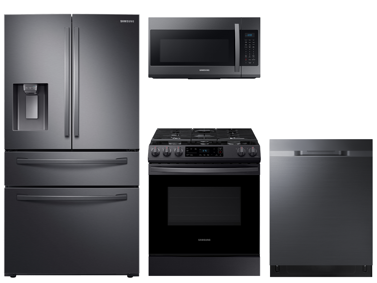 28 cu. ft. 4-door refrigerator, gas range, microwave and 48 dBA dishwasher package