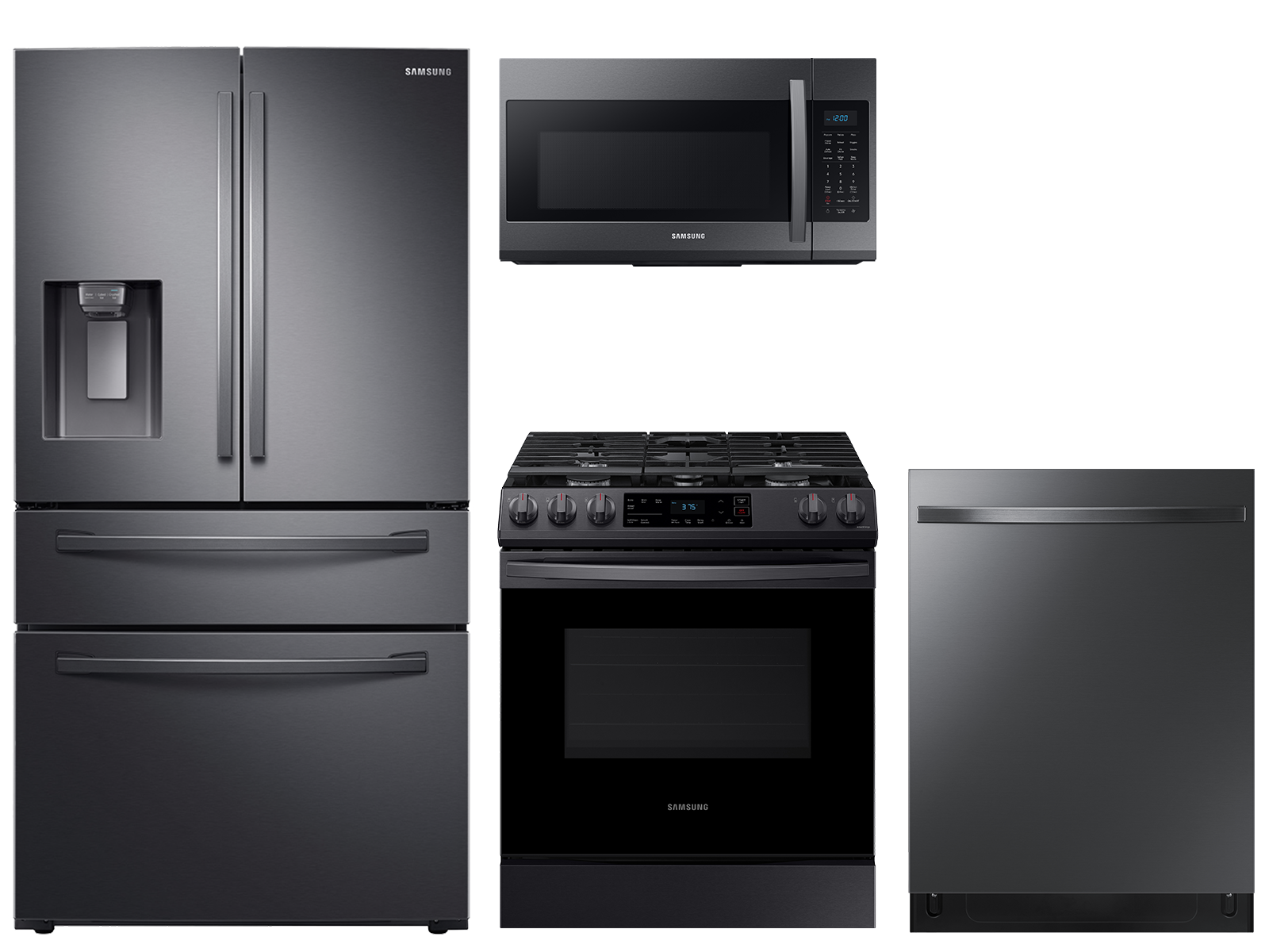 28 cu. ft. 4-door refrigerator, gas range, microwave and 48 dBA modern-look dishwasher package