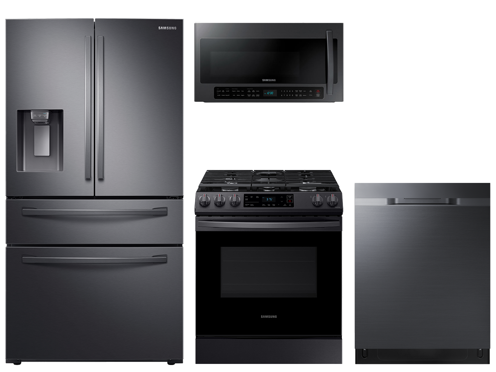 28 cu. ft. 4-door refrigerator, gas range, 2.1 cu. ft. microwave and 48 dBA dishwasher package
