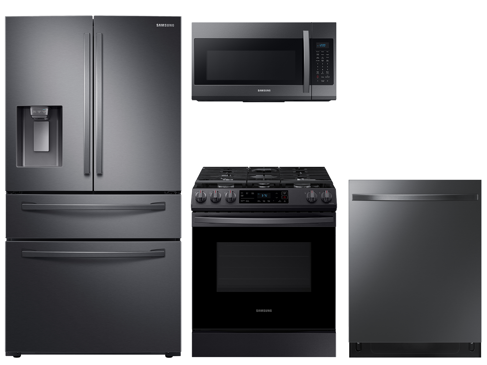 Samsung 23 cu. ft. counter depth 4-door refrigerator, gas range, microwave and 48 dBA modern-look dishwasher package(BNDL-1614028389122)
