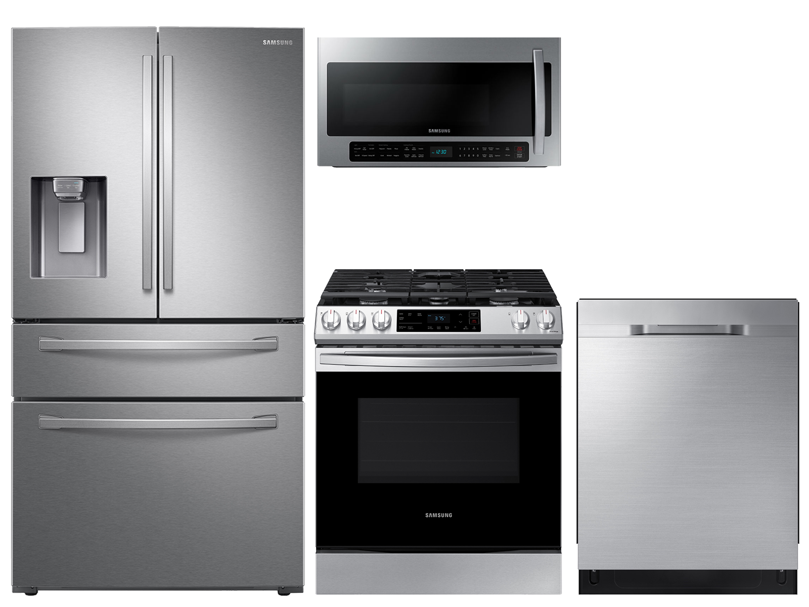 28 cu. ft. 4-door refrigerator, gas range, 2.1 cu. ft. microwave and dishwasher package