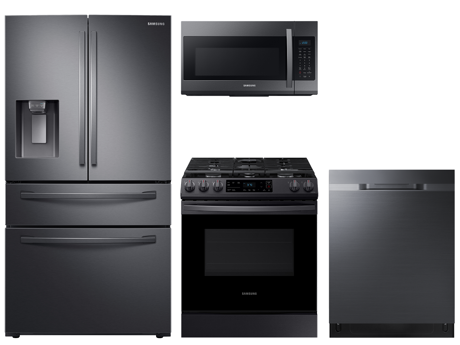 Samsung 23 cu. ft. counter depth 4-door refrigerator, gas range, 2.1 cu. ft. microwave and 48 dBA dishwasher package(BNDL-1614028719885)