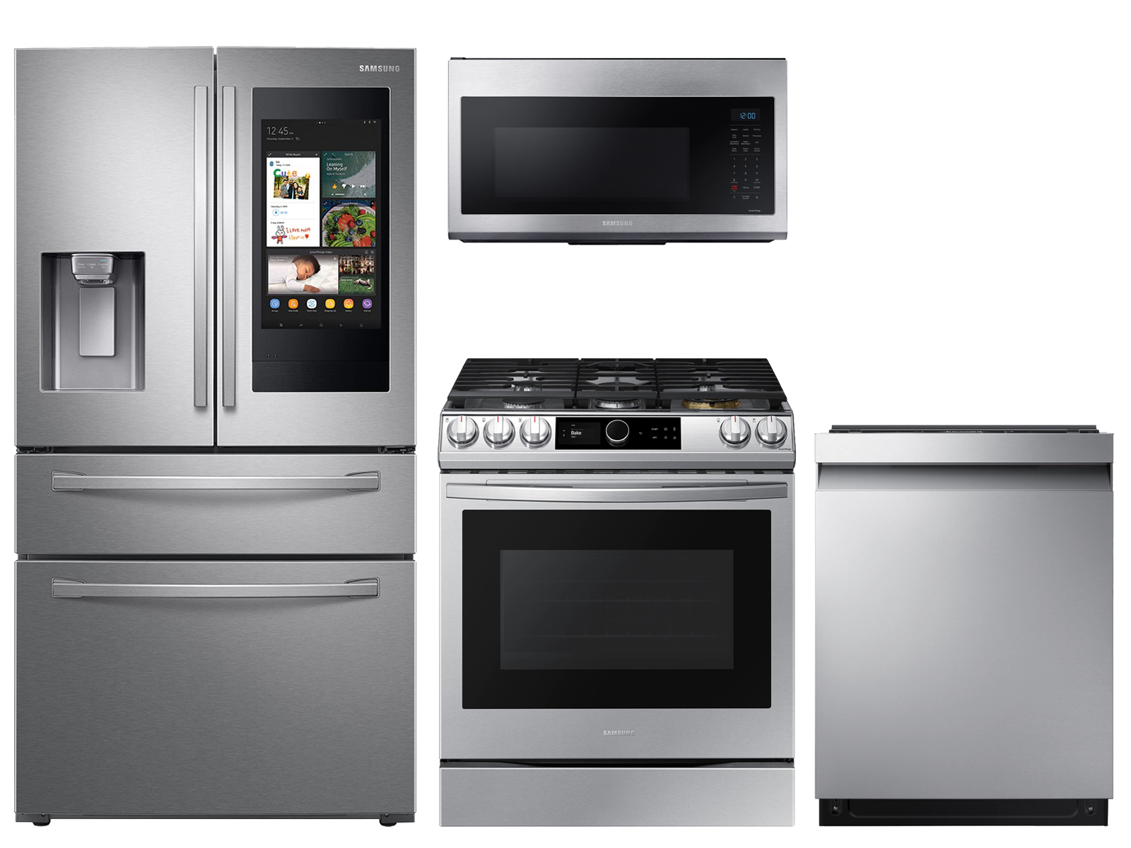 28 cu. ft. Family HubTM 4-door refrigerator, gas range, microwave and 42 dBA dishwasher package