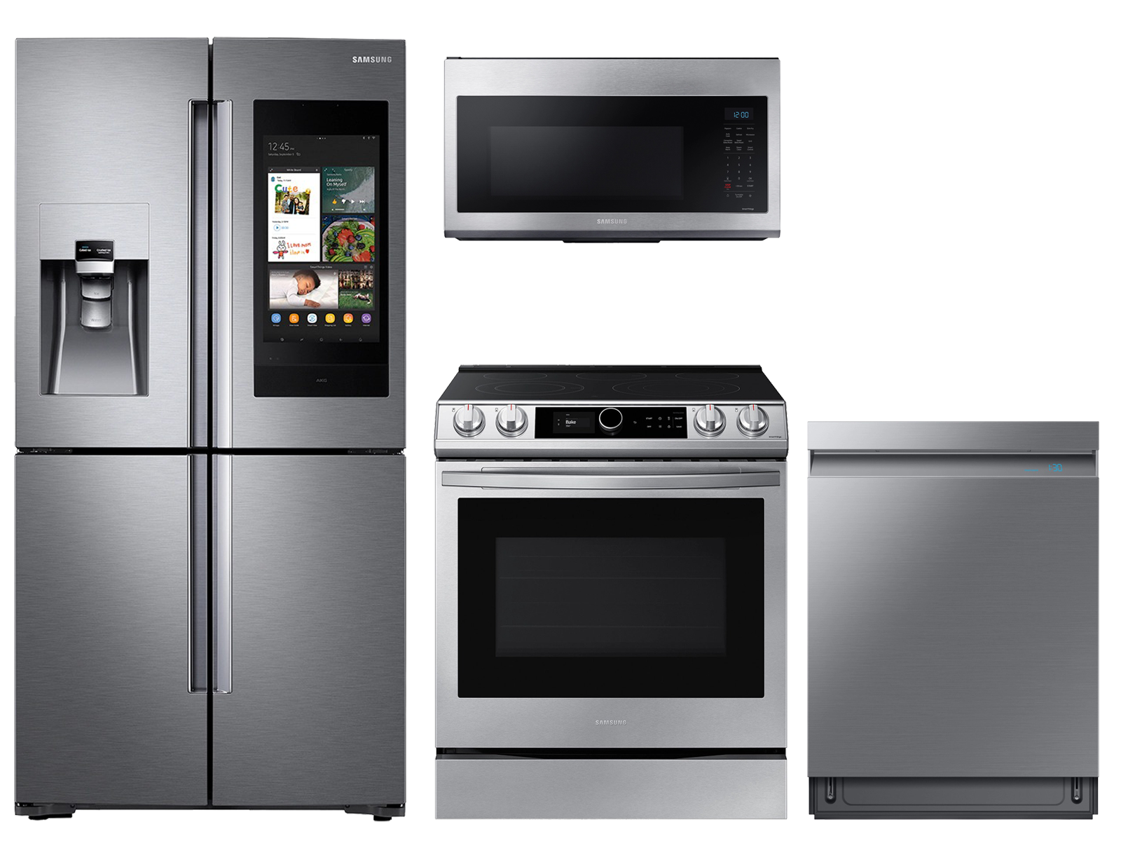 Samsung 22 cu. ft. Family HubTM counter depth 4-door refrigerator, 6.3 cu. ft. electric range, microwave and Smart Linear dishwasher package