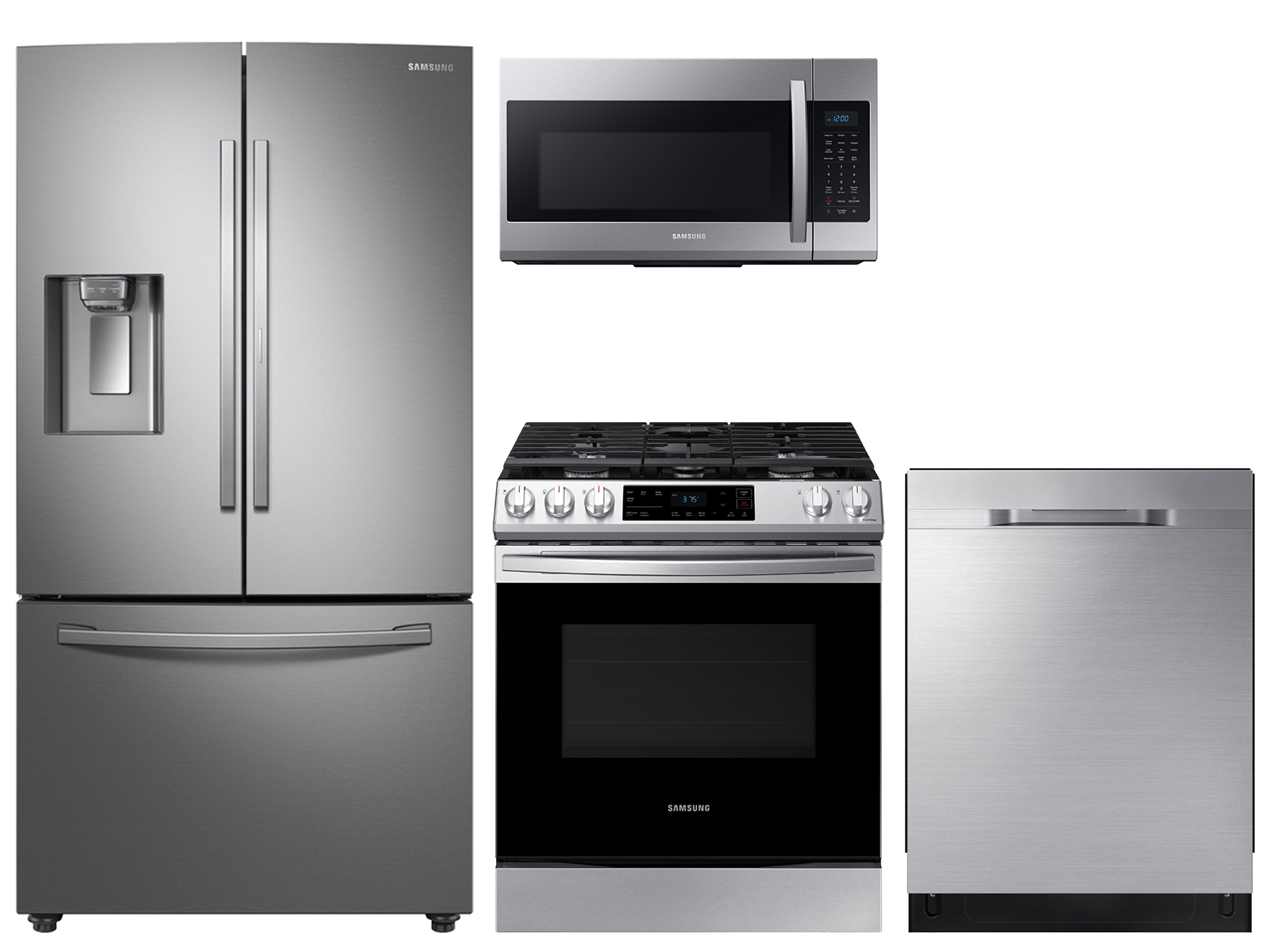 28 cu. ft. full depth 3-door refrigerator, gas range, microwave and dishwasher package