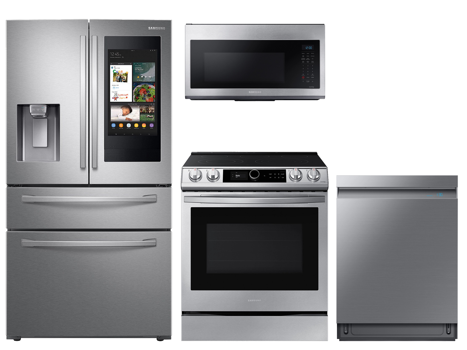 28 cu. ft. Touch Screen Family HubTM 4-door refrigerator, 6.3 cu. ft. electric range, microwave and Smart Linear dishwasher package