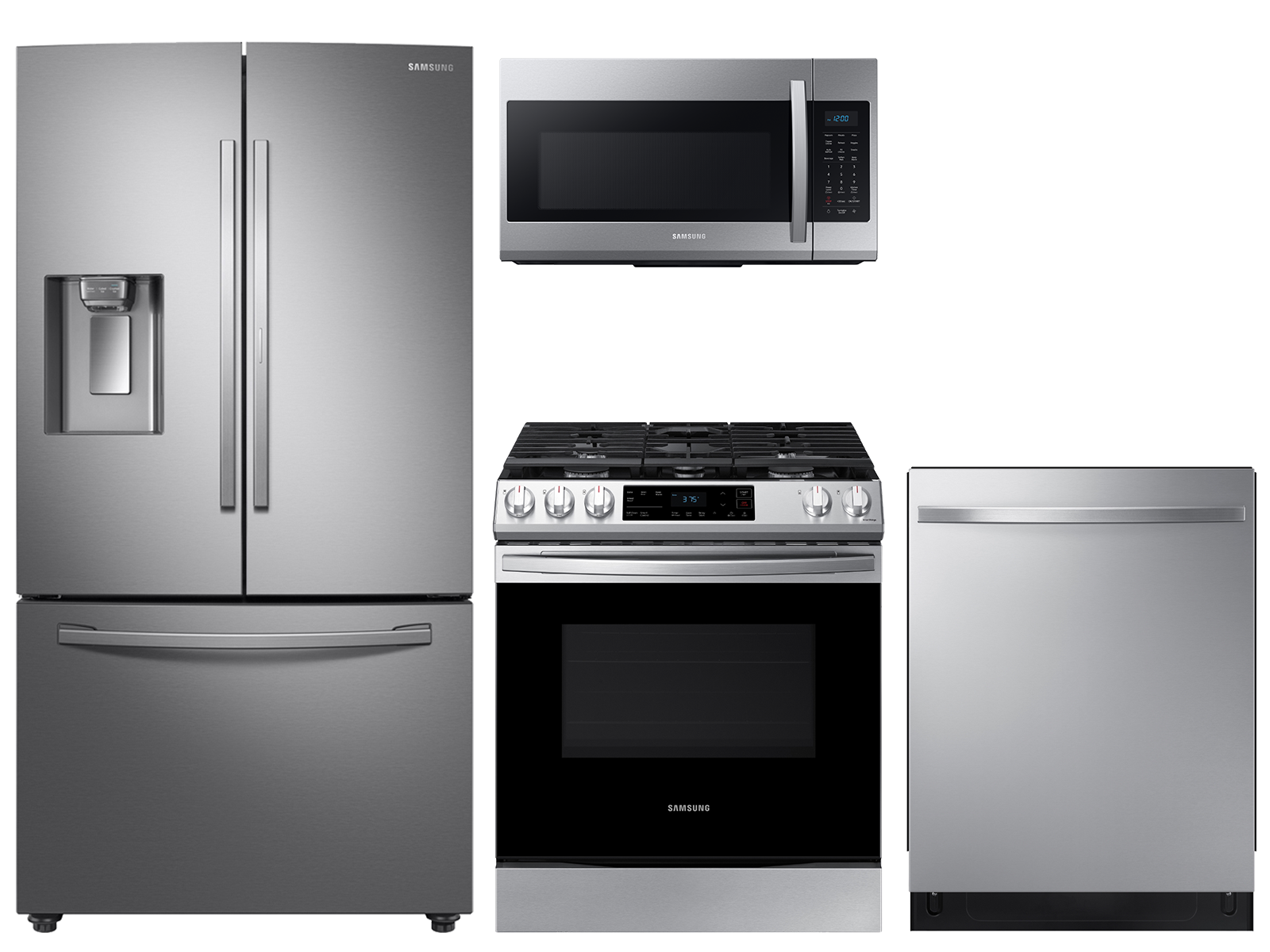 28 cu. ft. full depth 3-door refrigerator, gas range, microwave and modern-look dishwasher package
