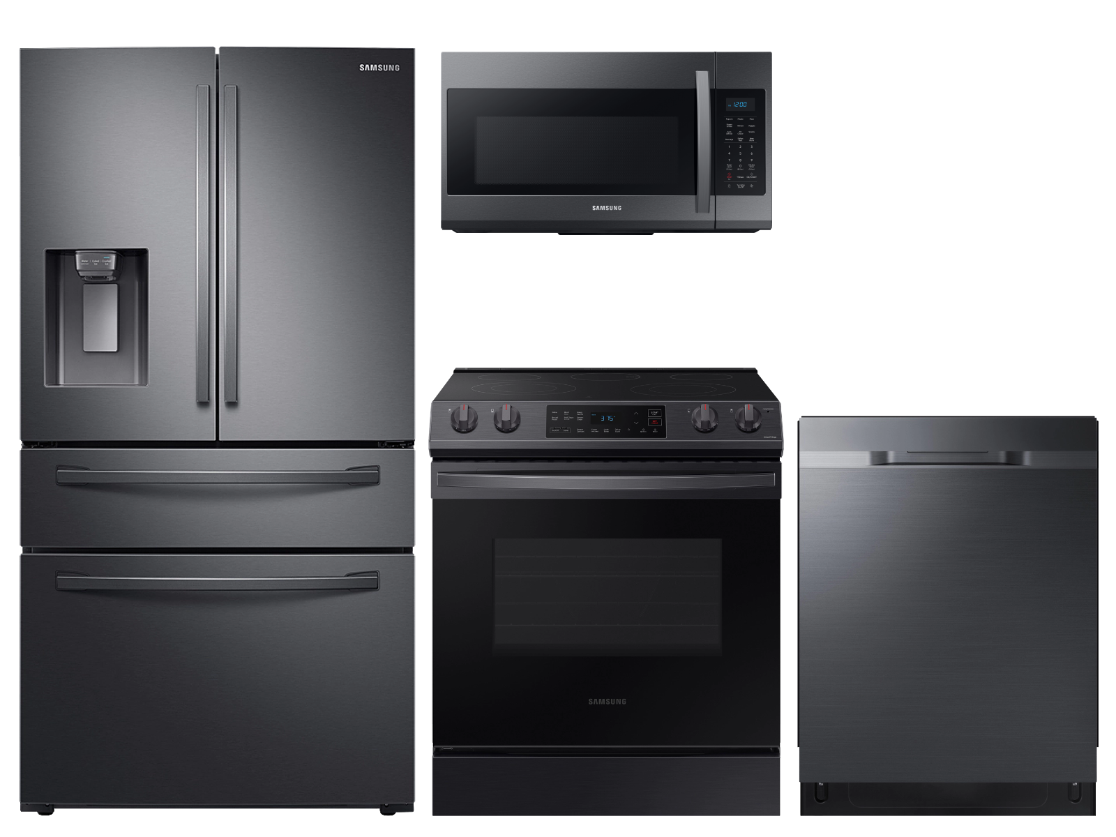 28 cu. ft. 4-door refrigerator, 6.3 cu. ft. electric range, microwave and 48 dBA dishwasher package