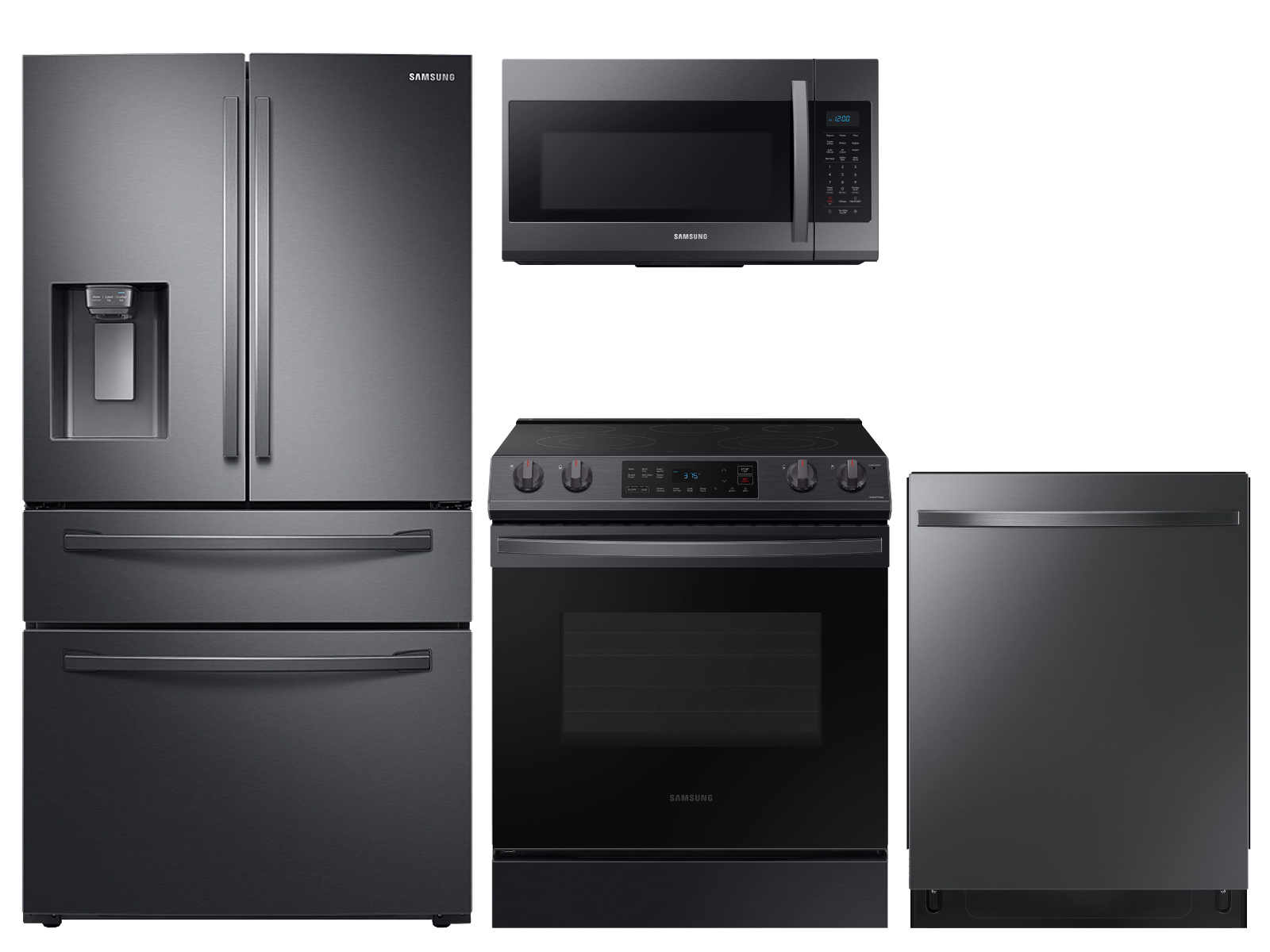 28 cu. ft. 4-door refrigerator, 6.3 cu. ft. electric range, microwave and 48 dBA modern-look dishwasher package