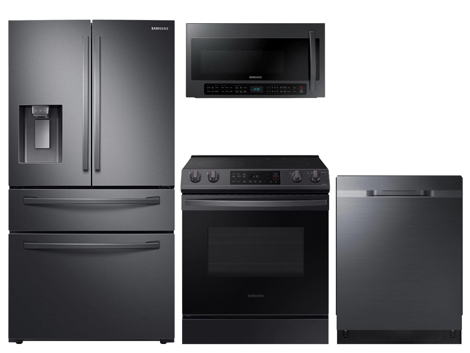 28 cu. ft. 4-door refrigerator, 6.3 cu. ft. electric range, 2.1 cu. ft. microwave and 48 dBA dishwasher package