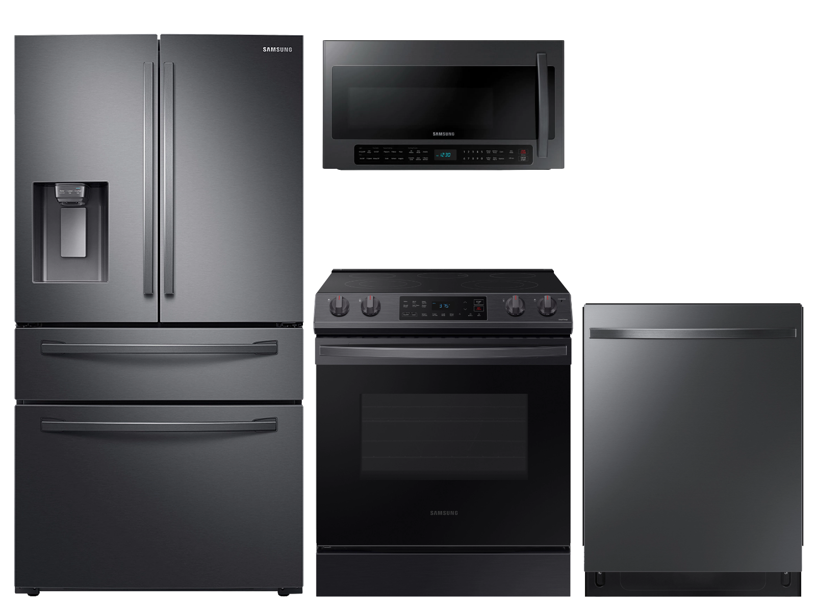 23 cu. ft. counter depth 4-door refrigerator, 6.3 cu. ft. electric range, 2.1 cu. ft. microwave and 48 dBA modern-look dishwasher package