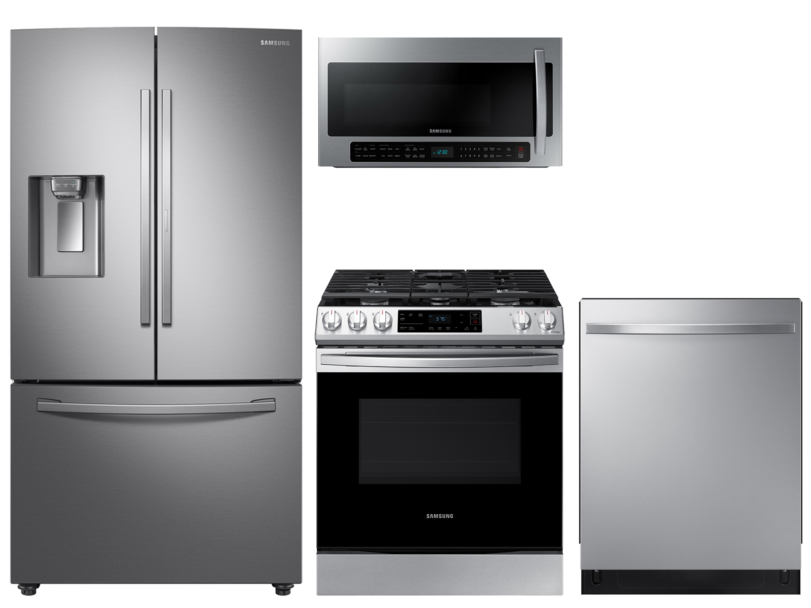 28 cu. ft. full depth 3-door refrigerator, gas range, 2.1 cu. ft. microwave and modern-look dishwasher package