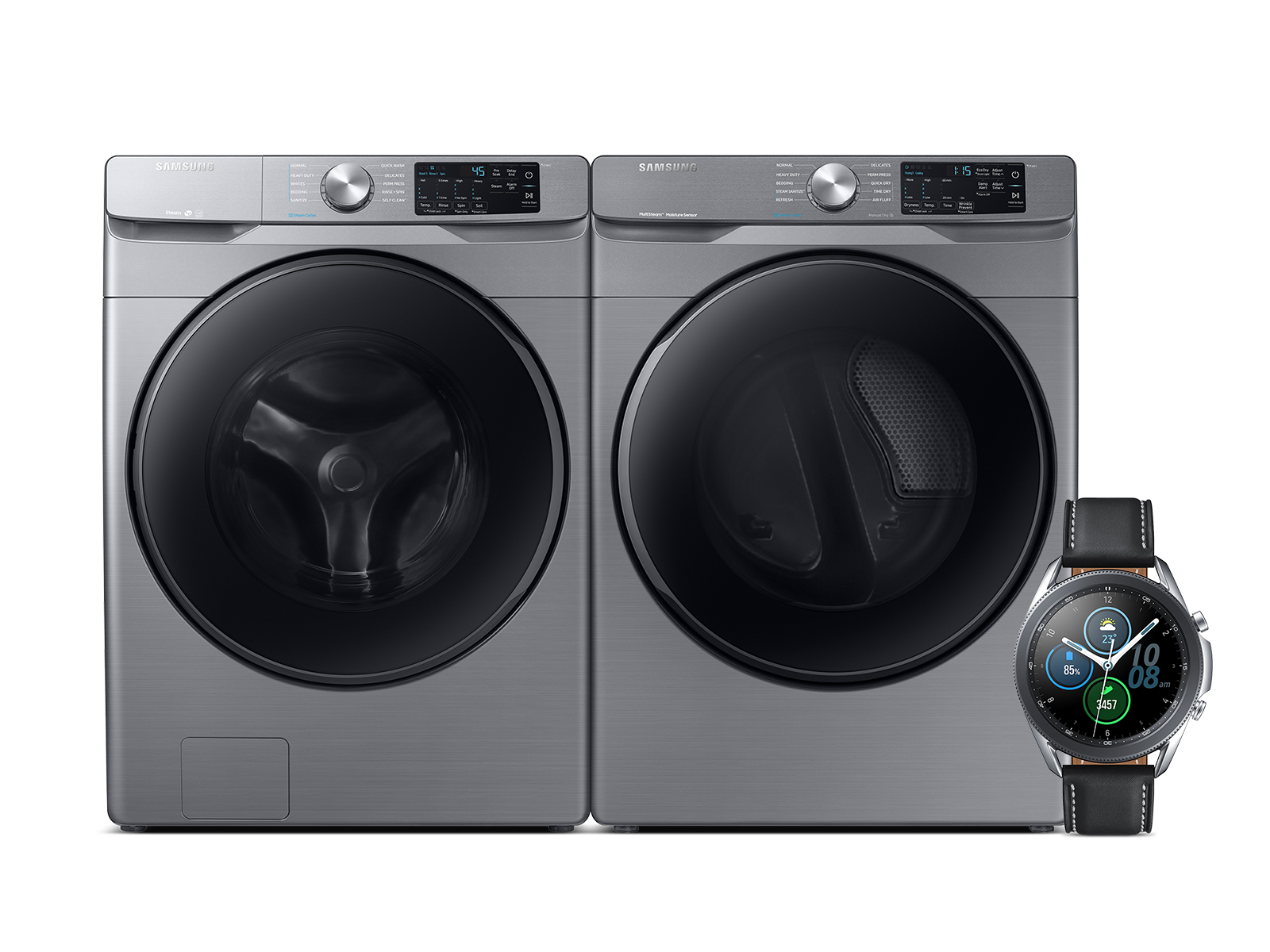 Thumbnail image of 4.5 cu. ft. Front Load Washer, 7.5 cu. ft. Steam Sanitize+ Dryer and 45mm Galaxy Watch3 Premium Package