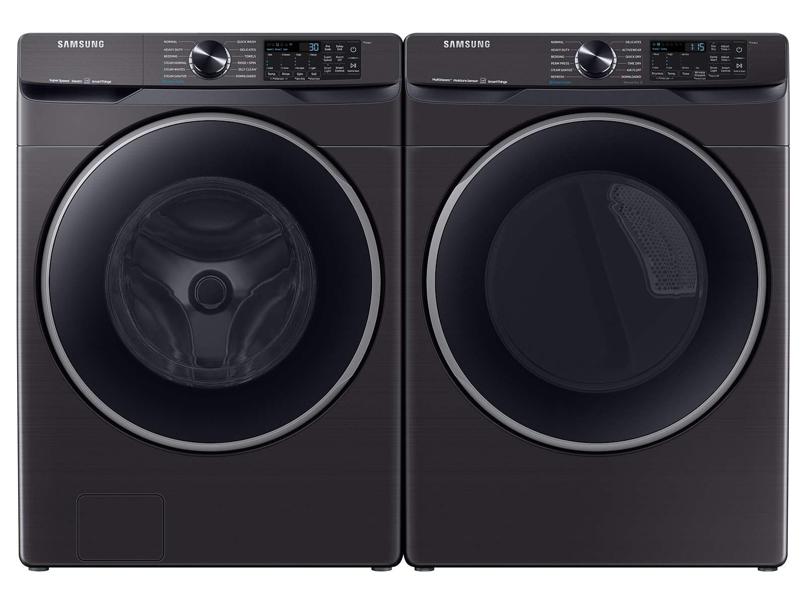 Smart Front Load Super Speed Wash Washer and Smart Steam Sanitize+ Electric Dryer package in Brushed Black