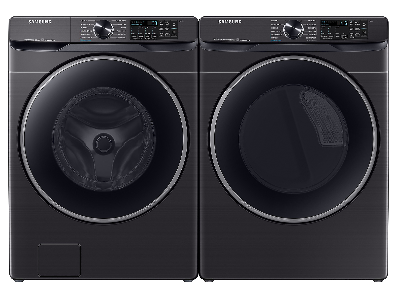 Samsung Smart Front Load Super Speed Wash Washer and Smart Steam Sanitize+ Electric Dryer package in Brushed in Black(BNDL-1646290778206) photo