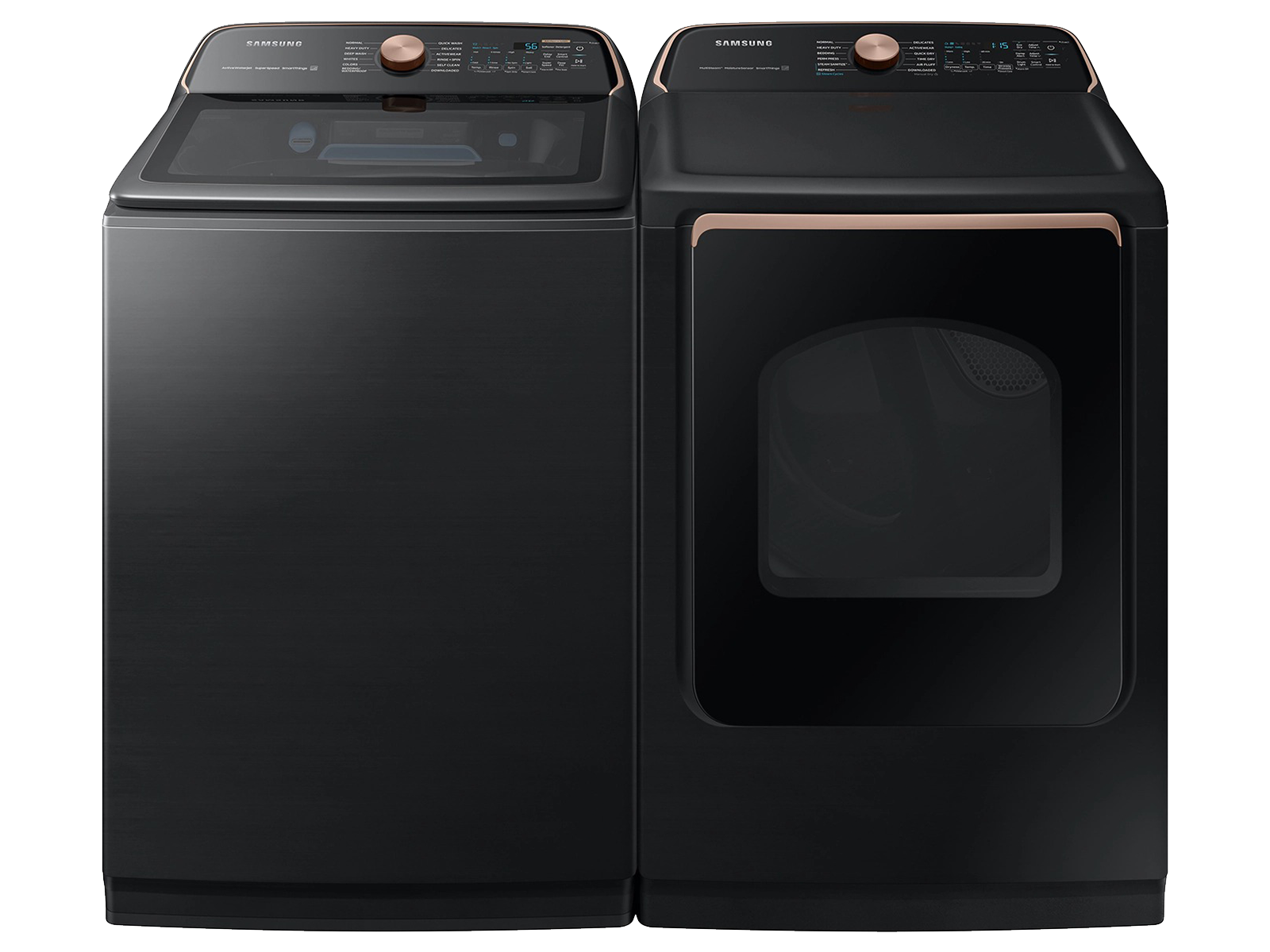 Samsung Smart Top Load Smart Steam Sanitize+ Washer and Steam Sanitize+ Gas Dryer package in Brushed in Black(BNDL-1646290912724)