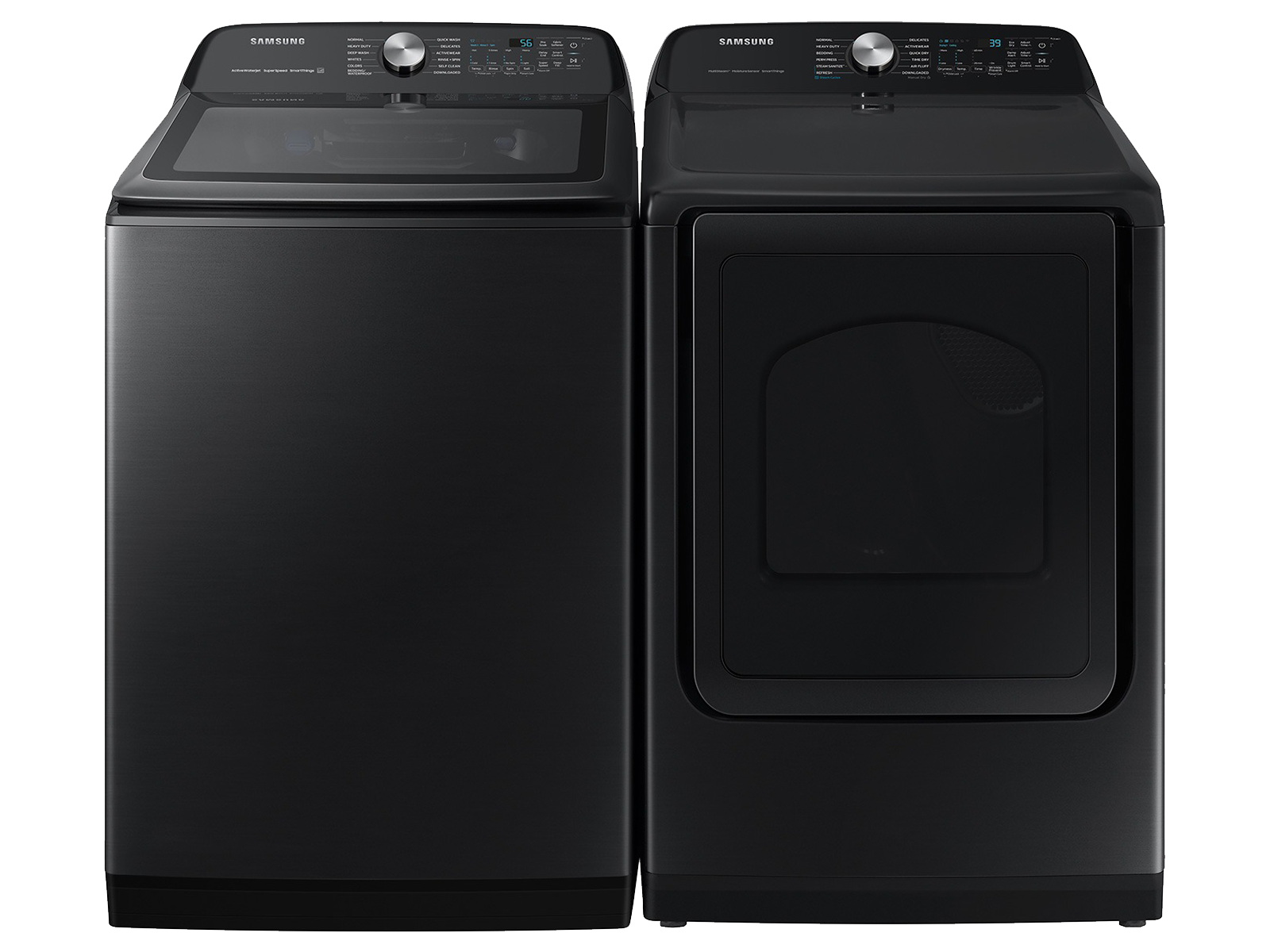 Smart Top Load Super Speed Wash Washer  and Smart Steam Sanitize+ Gas Dryer package in Brushed Black