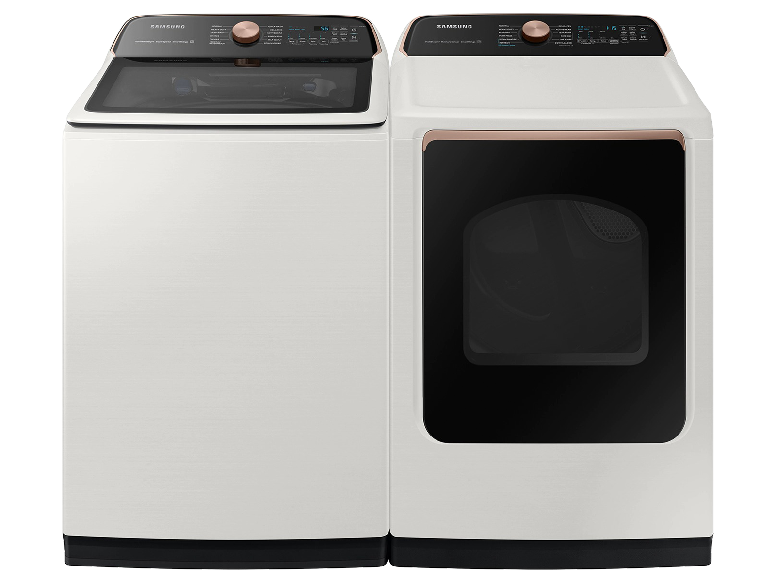 Smart Top Load Super Speed Wash Washer and Smart Steam Sanitize+ Gas Dryer with package in Ivory