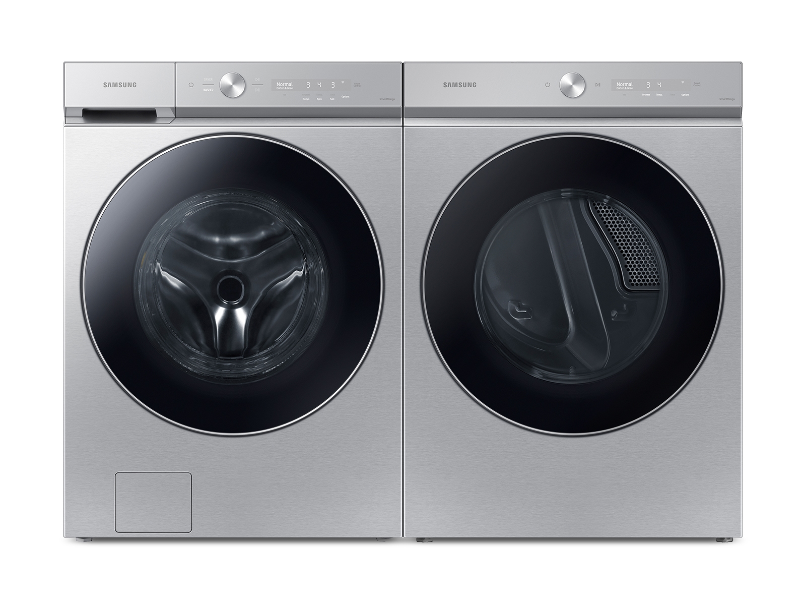 Juego lavadora secadora Bespoke de carga frontal con IA OptiWash de acero | Samsung US