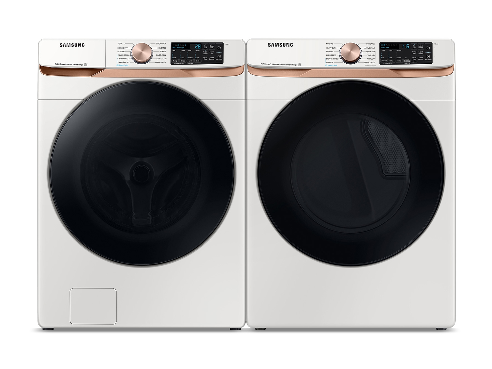 Samsung Extra Large Capacity Smart Front Load Washer with Super Speed Wash and Smart Electric Dryer with Steam Sanitize+ and Sensor Dry in Ivory