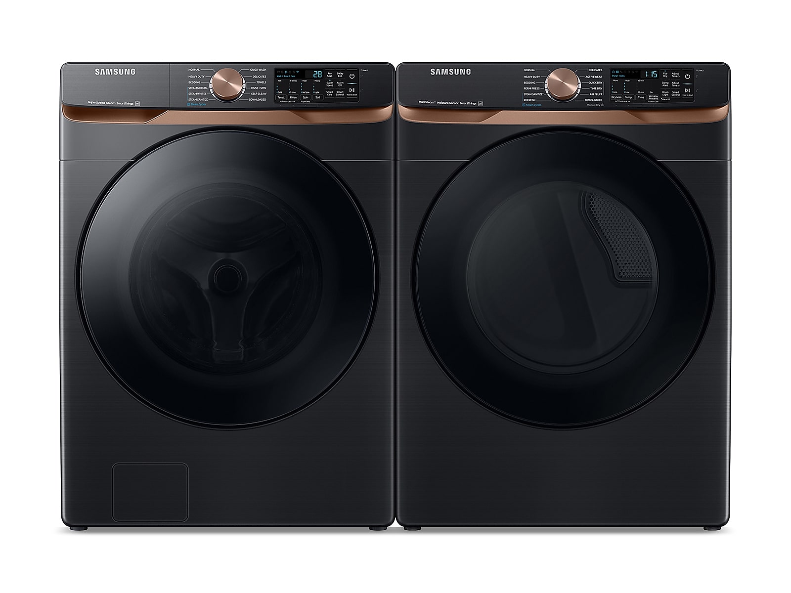 Samsung Extra Large Capacity Smart Front Load Washer with Super Speed Wash and Smart Electric Dryer with Steam Sanitize+ and Sensor Dry in Brushed in Black