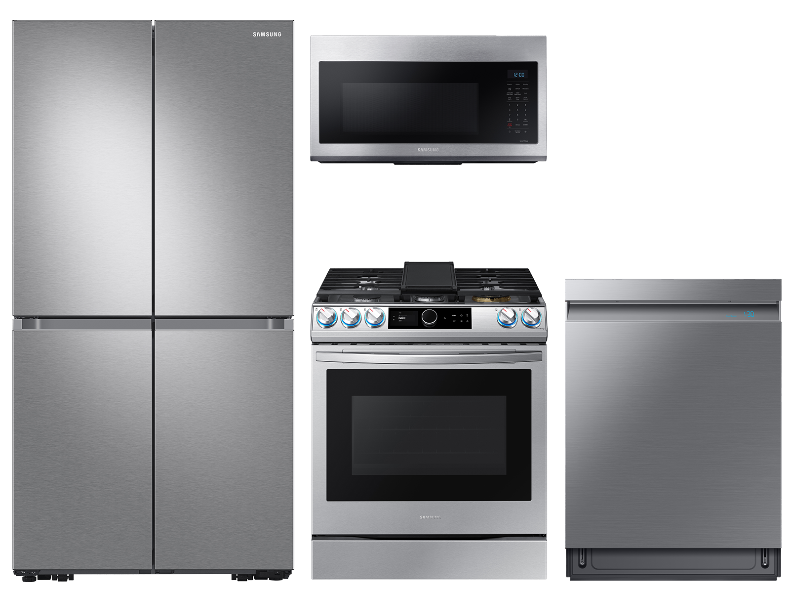Samsung 23 cu. ft. counter depth 4-Door refrigerator, gas range, convection microwave and Smart Linear dishwasher package(BNDL-1623867899645)